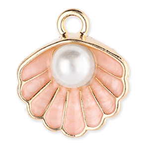 Metall Anh&auml;nger Muschel mit Perle Gold-light peach pink-white