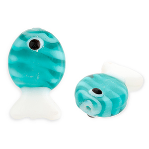 Handgefertigt Glasperlen Fisch Dark cyan blue-white-black