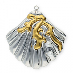 Stainless Steel - Rostfrei Stahl Anh&auml;nger Muschel mit Imitation Perlen Silver-gold-white