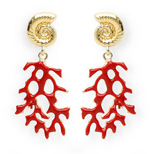 Trendy Ohrringe&nbsp;/&nbsp;Ohrstecker Enamel Muschel & Koralle mit Rostfrei Stahl-Stecker Gold-dark red