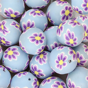 Silikonperlen 18&nbsp;mm Rund mit handbemalten Blumen Light blue-purple-yellow