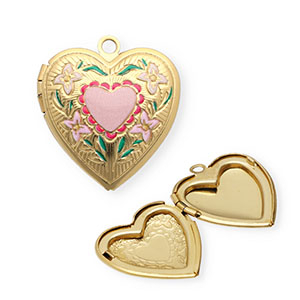 Medaillon Anh&auml;nger aus rostfreiem Edelstahl mit Enamel, Herz mit Blumen Gold-pink-green